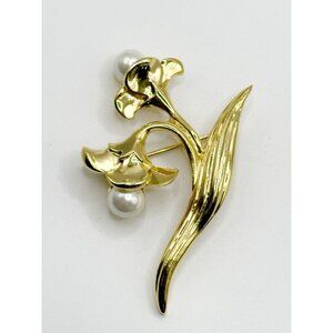 Danecraft Goldtone Lily Of The Valley Pin Brokch With Faux Pearls